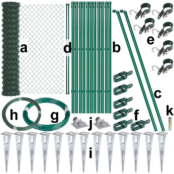 Maschendrahtzaun - Set 25 Meter, grün, zur Garteneinzäunung, Einzelteile aufgereiht mit Maschendraht, Metallpfosten, Bodenhülsen und Zubehör