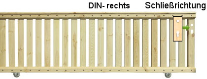 Geländerschiebetor aus kdi Kiefer-Holz, mit vormontierten Laufrollen, von innen betrachtet rechts schließend