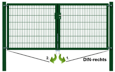 DoppelstabmattenTor 8/6/8 "Extra Dick", verzinkt und grün beschichtet, DIN-rechts. Doppeltor mit Beschlägen und Schließset. für Doppelstabmattenzaun