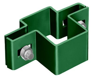 Stabmatten-Doppelschelle für Vierkantpfosten 6x4 cm, verzinkt und grün beschichtet, zur Befestigung von 2 Stabmatten