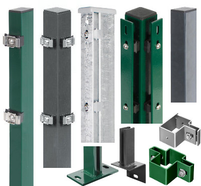 Vierkant - Pfosten, verzinkt und optional beschichtet, für Stabmattenzäune. Zubehör wie Schellen und Pfostenträger.