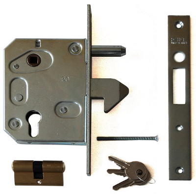 Hakenschloss mit 10cm Einbautiefe, für Rahmenschiebetore, Hakenschloss, Schließblech, Profilzylinder mit 3 Schlüsseln