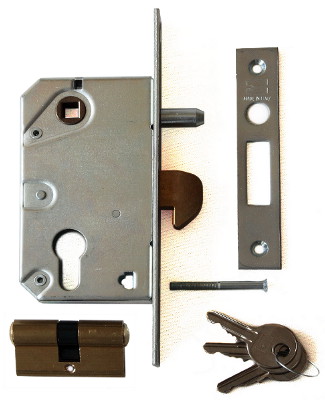 Hakenschloss mit 7cm Einbautiefe, für Geländerschiebetore, Hakenschloss, Schließblech, Profilzylinder mit 3 Schlüsseln